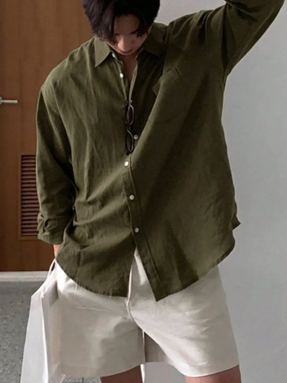 Army Green Casual Modern Casual Men's Long Sleeve Shirt